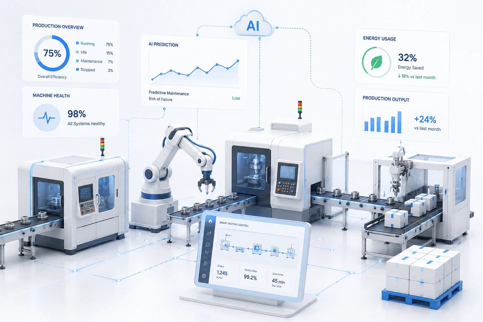 Robotic arm and industrial motor with performance chart