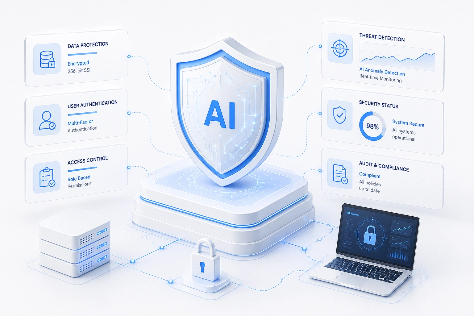 Security shield with checkmark, alerts and analytics